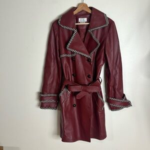 Vtg Spiegel Womens Houndstooth Trim Genuine Leather Overcoat size 12 Crimson